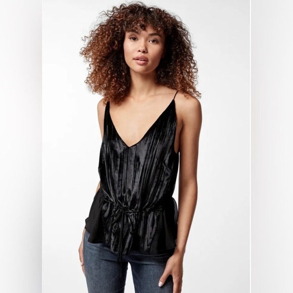 J Brand Black Velvet Front Viscose Silk Combo Tie Front Tank Top EUC Size Large - Picture 1 of 12